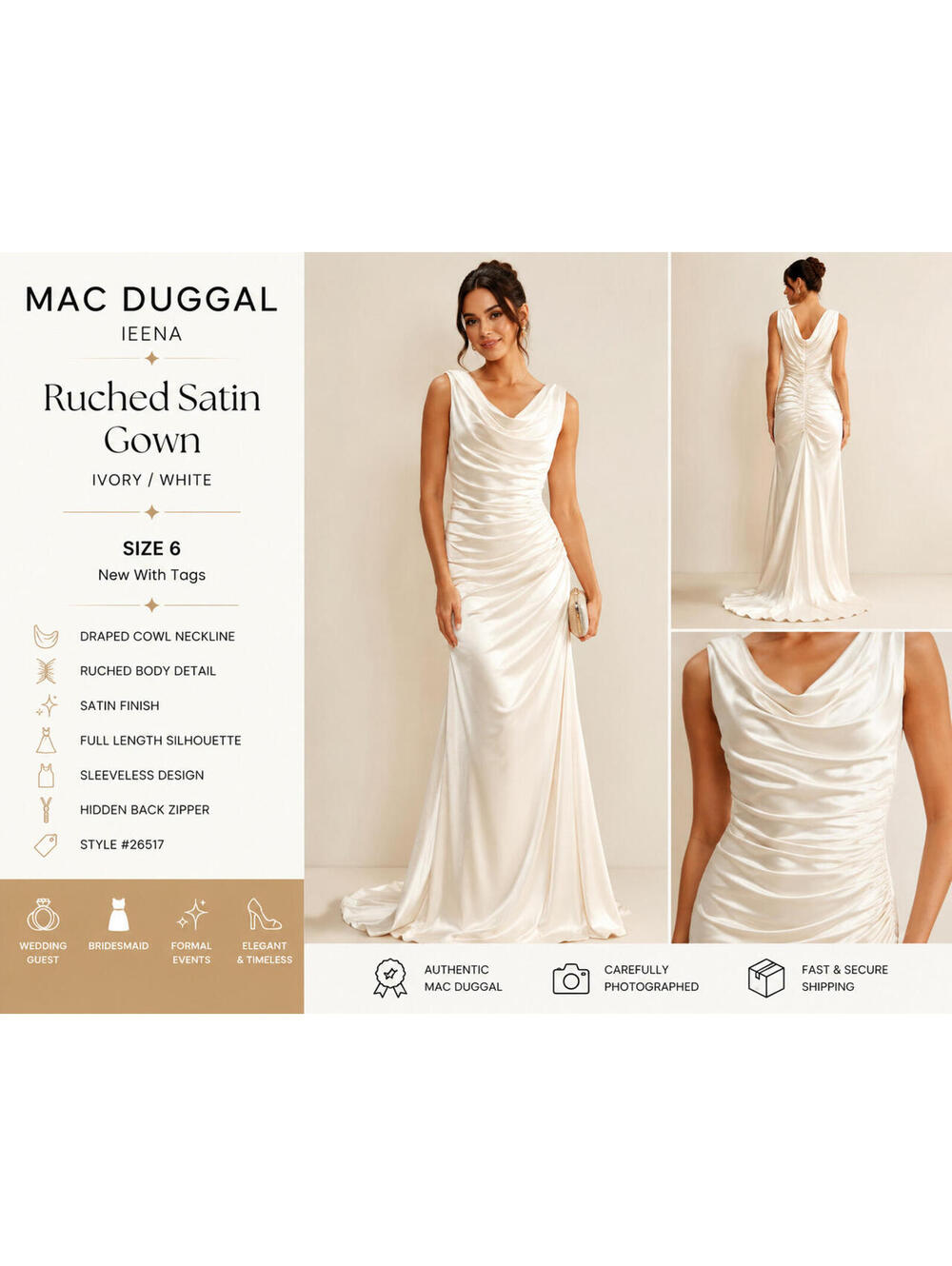 Mac Duggal Ieena Ivory Satin Ruched Maxi Dress Size 6 Formal Wedding Guest Gown